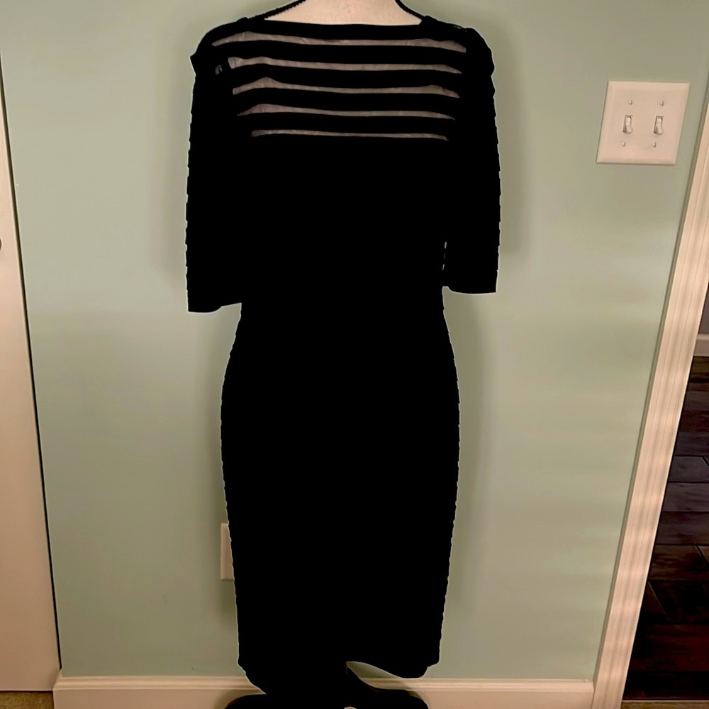 Adrianna Papell 3/4 sleeve banded cocktail sheath dress w/ sheer mesh yoke
